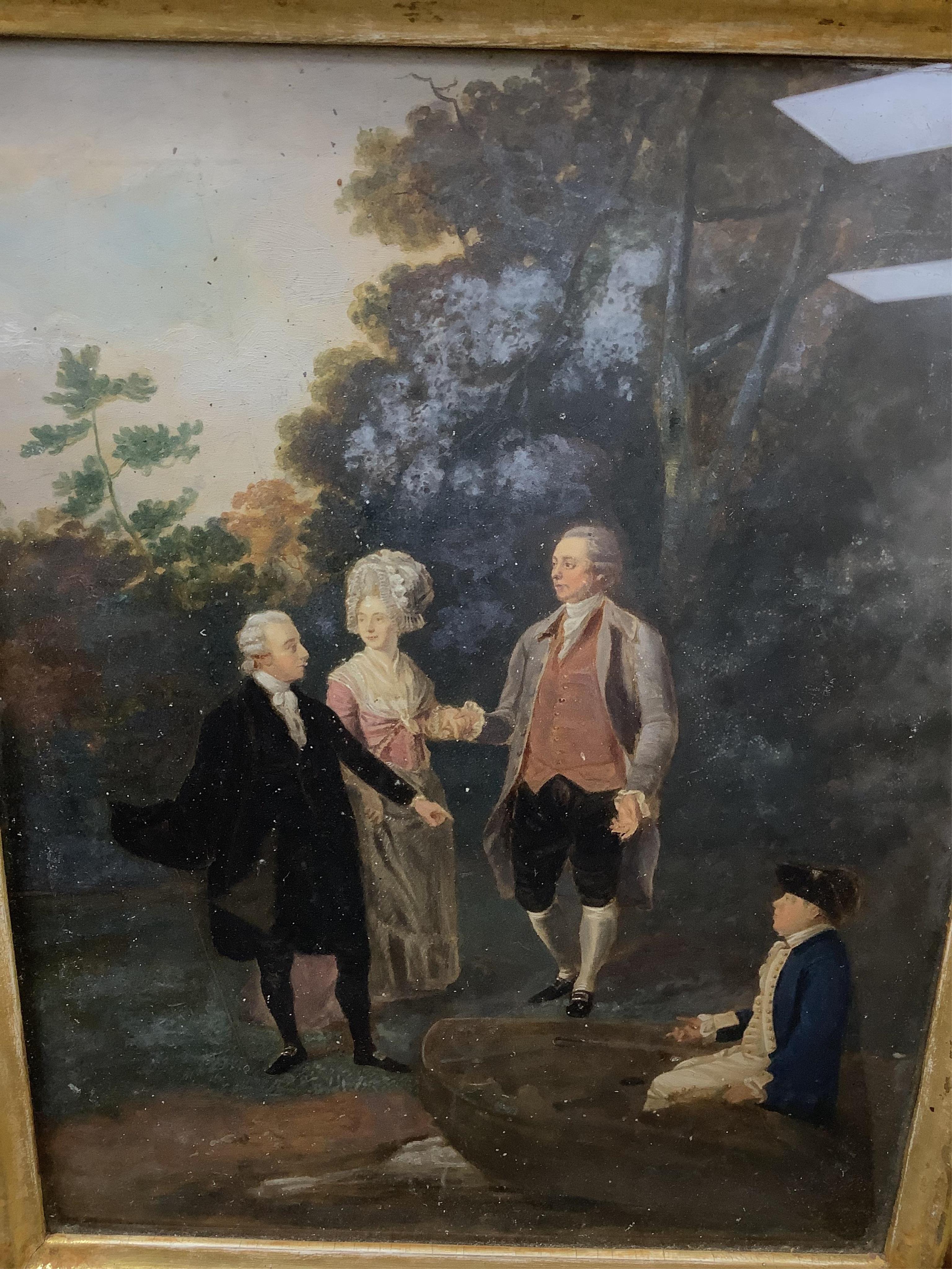 After Francis Wheatley RA (1747-1801), oil on board, ‘The Garden Party’, 22 x 17cm, housed in a giltwood Florentine frame. Condition - fair to good, some damage to the frame